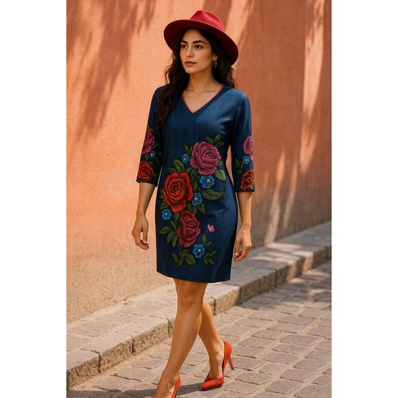 Cherry Mexico Embroidered Floral Dress Size 13 | Denim Look Folk Art Boho Fiesta - Picture 1 of 9